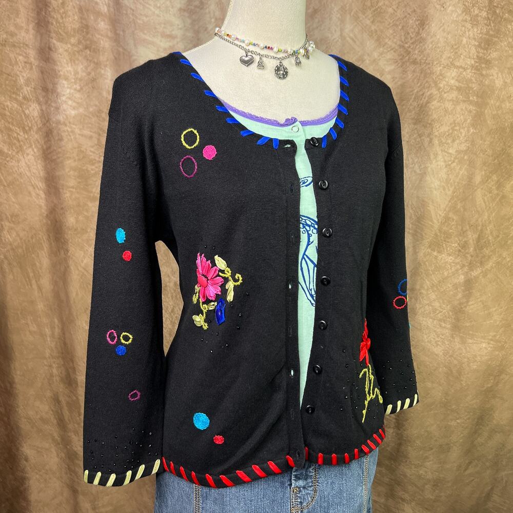 Vintage Embroidered Cardigan Sweater Floral Ribbon Knit Black Beaded Button Up